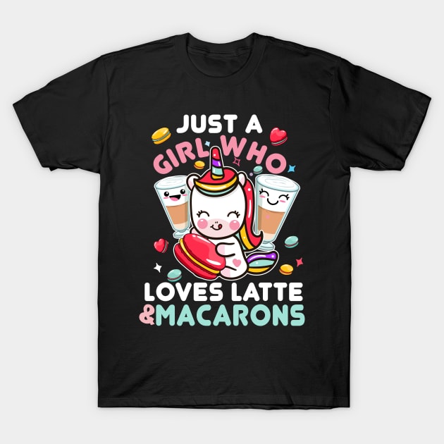 Just A Girl Who Loves Latte and Macarons Cute Kawaii Unicorn T-Shirt by Kawaii_Tees